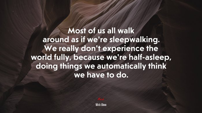Most of us all walk around as if we’re sleepwalking. We really don’t experience the world fully, because we’re half-asleep, doing things we automatically think we have to do. | Mitch Albom quote