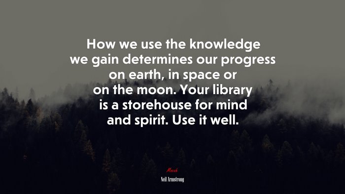 How we use the knowledge we gain determines our progress on earth, in space or on the moon. Your library is a storehouse for mind and spirit. Use it well. | Neil Armstrong quote