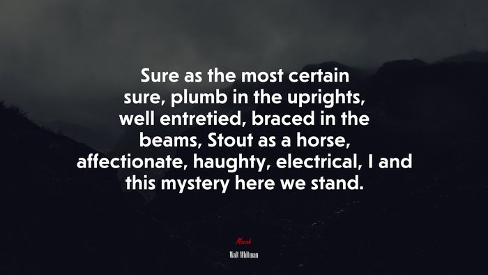Sure as the most certain sure, plumb in the uprights, well entretied, braced in the beams, Stout as a horse, affectionate, haughty, electrical, I and this mystery here we stand. | Walt Whitman quote