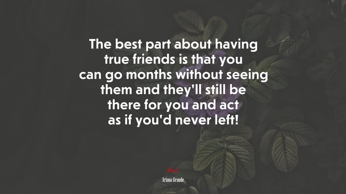 The best part about having true friends is that you can go months without seeing them and they’ll still be there for you and act as if you’d never left! | Ariana Grande quote