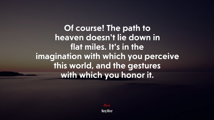 Of course! The path to heaven doesn’t lie down in flat miles. It’s in the imagination with which you perceive this world, and the gestures with which you honor it. | Mary Oliver quote