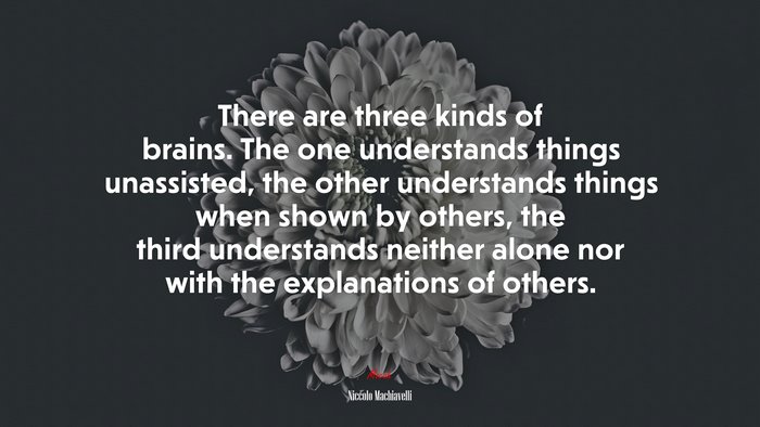 There are three kinds of brains. The one understands things unassisted, the other understands things when shown by others, the third understands neither alone nor with the explanations of others. | Niccolò Machiavelli quote