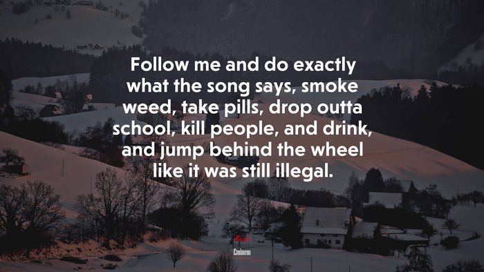 Follow me and do exactly what the song says, smoke weed, take pills, drop outta school, kill people, and drink, and jump behind the wheel like it was still illegal. | Eminem quote