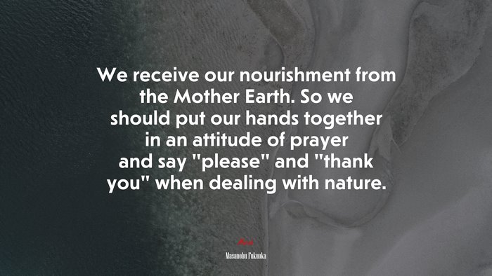 We receive our nourishment from the Mother Earth. So we should put our hands together in an attitude of prayer and say “please” and “thank you” when dealing with nature. | Masanobu Fukuoka quote
