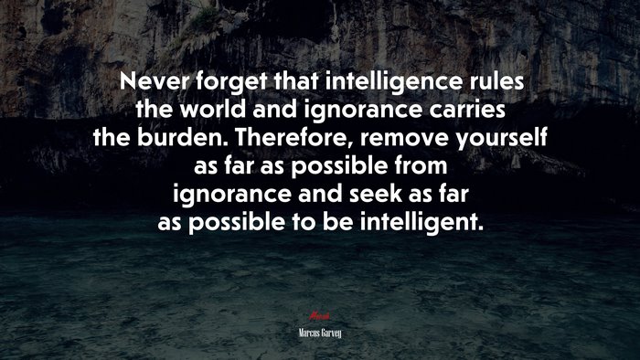 Never forget that intelligence rules the world and ignorance carries the burden. Therefore, remove yourself as far as possible from ignorance and seek as far as possible to be intelligent. | Marcus Garvey quote