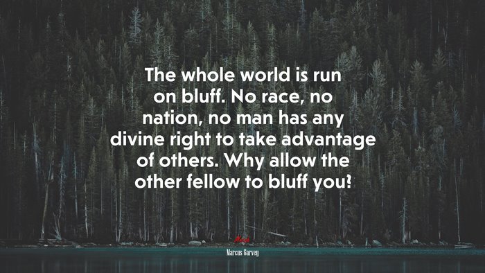 The whole world is run on bluff. No race, no nation, no man has any divine right to take advantage of others. Why allow the other fellow to bluff you? | Marcus Garvey quote
