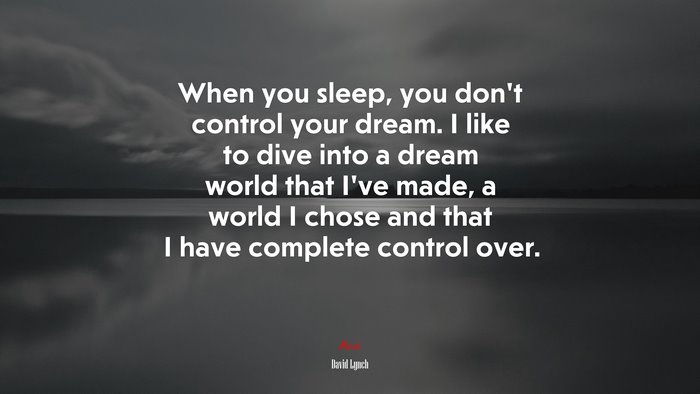 When you sleep, you don’t control your dream. I like to dive into a dream world that I’ve made, a world I chose and that I have complete control over. | David Lynch quote