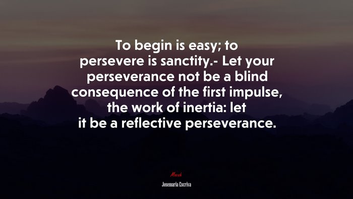 To begin is easy; to persevere is sanctity.- Let your perseverance not be a blind consequence of the first impulse, the work of inertia: let it be a reflective perseverance. | Josemaría Escrivá quote