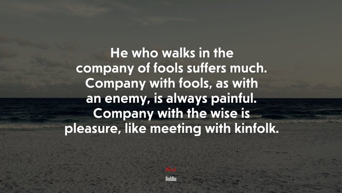 He who walks in the company of fools suffers much. Company with fools, as with an enemy, is always painful. Company with the wise is pleasure, like meeting with kinfolk. | Buddha quote