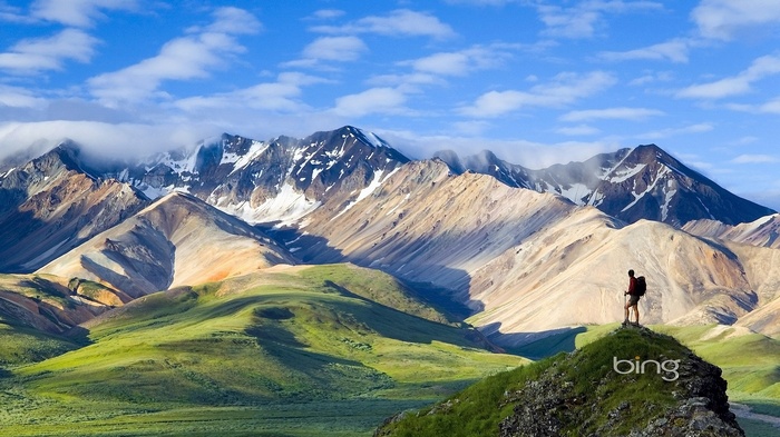 Hiker on a mountain peak with Bing logo