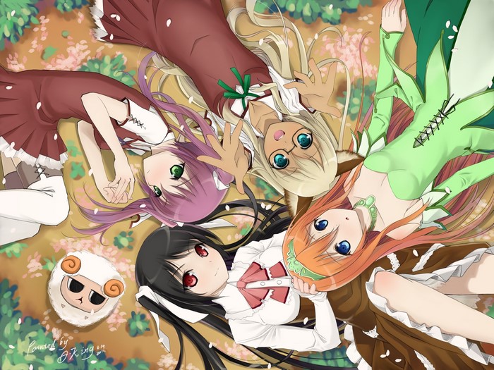 Four girls and a sheep plush lying on the ground