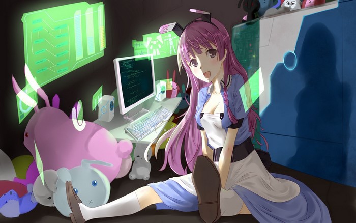 Girl with pink hair and bunny ears in a room with computers