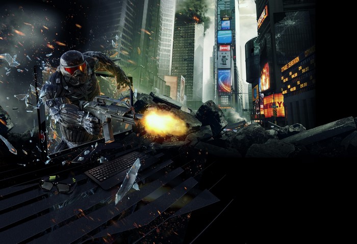 Soldier in Nanosuit firing weapon in destroyed city