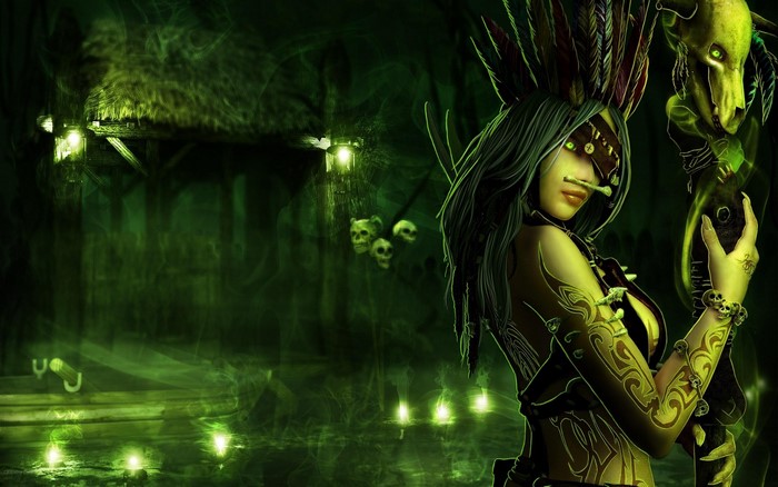 Shaman with a skull staff in a dark forest