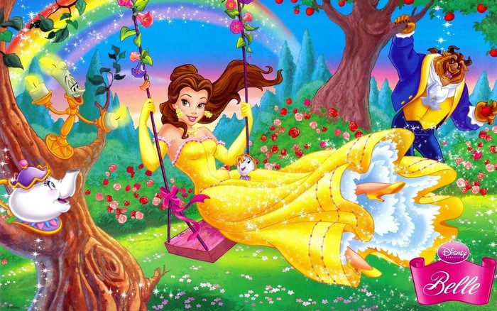 Belle and Beast from Disney's Beauty and the Beast on a swing