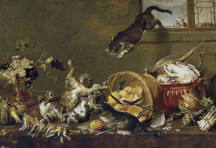 Cats fighting over food and birds