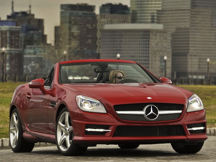 Red Mercedes-Benz SLK Convertible with Woman Driving