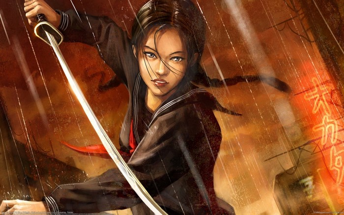 Saya from Blood+ with a katana in the rain