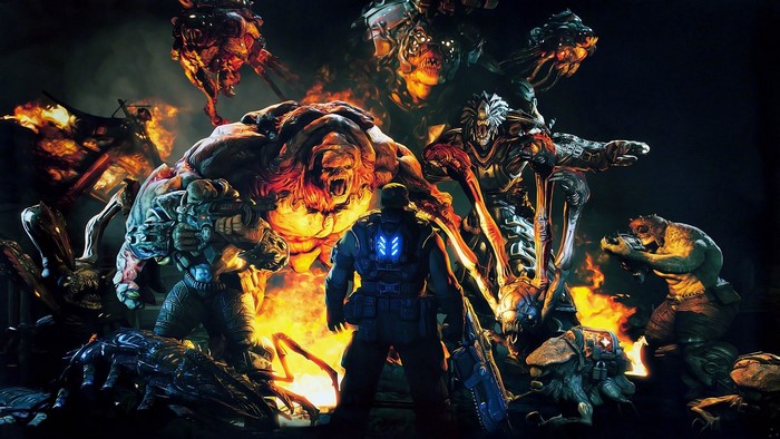 Gears of War characters facing monsters