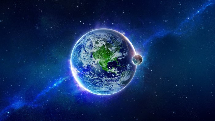 Earth and Moon in Space with Nebula