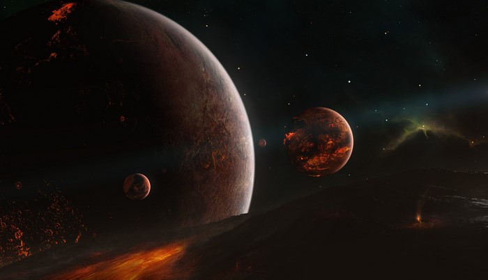 Planets in deep space with nebulae
