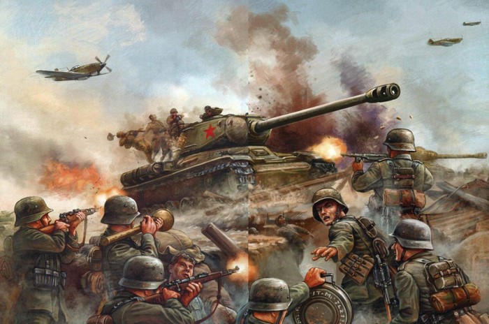 World War II Battle Scene with Tanks and Soldiers