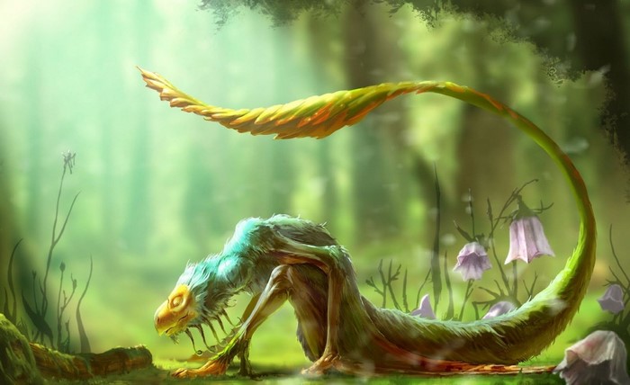 A creature with a long tail in a forest