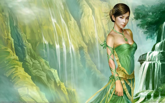 Woman in green dress near waterfalls