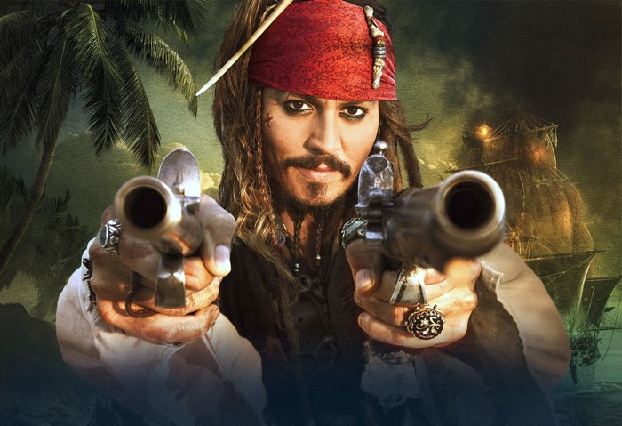Captain Jack Sparrow from Pirates of the Caribbean with guns