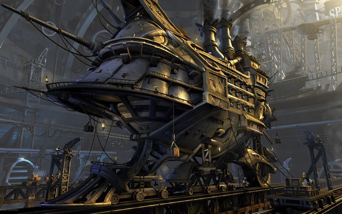 Steampunk airship in a hangar