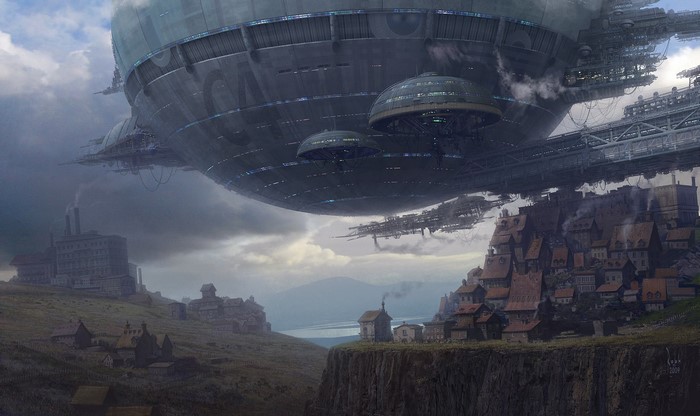 Massive airship over a cliffside village and factory