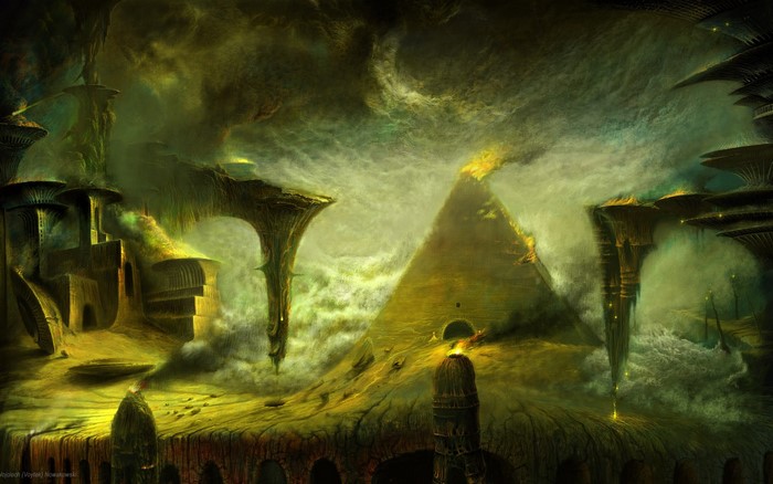 Surreal alien landscape with strange structures and a pyramid