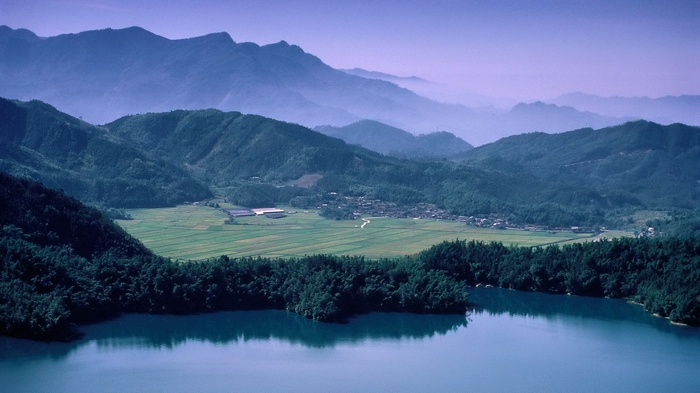 Lake and Mountains with Village