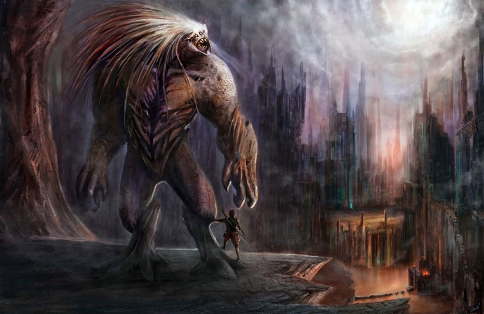 Giant monster and warrior in ruined city