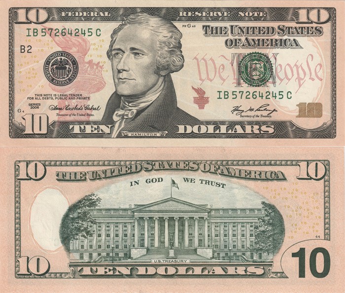 4K United States 10 Dollar Banknote Front and Back