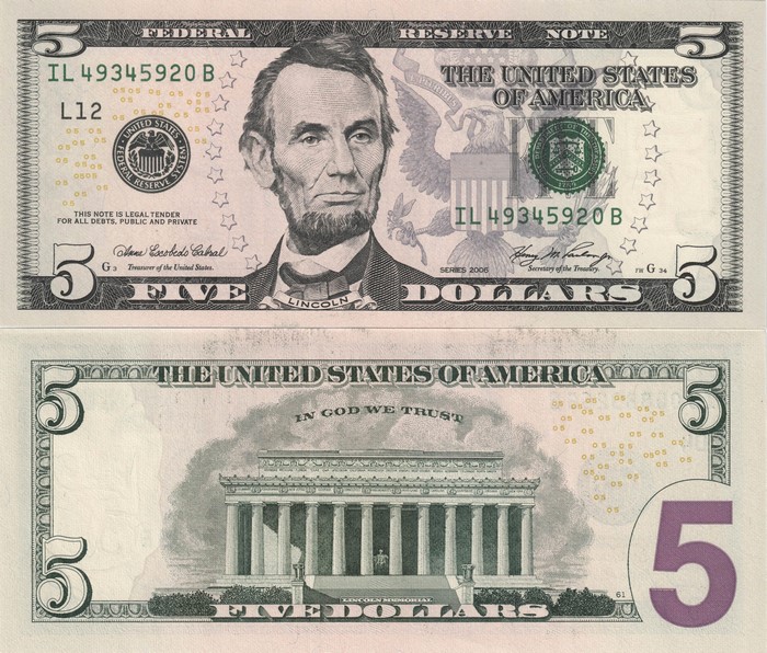 4K Image of US Five Dollar Bill Banknote