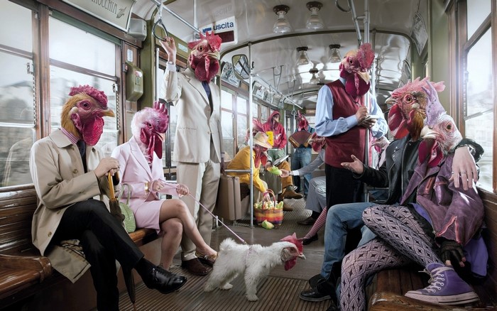 People with chicken heads on a tram