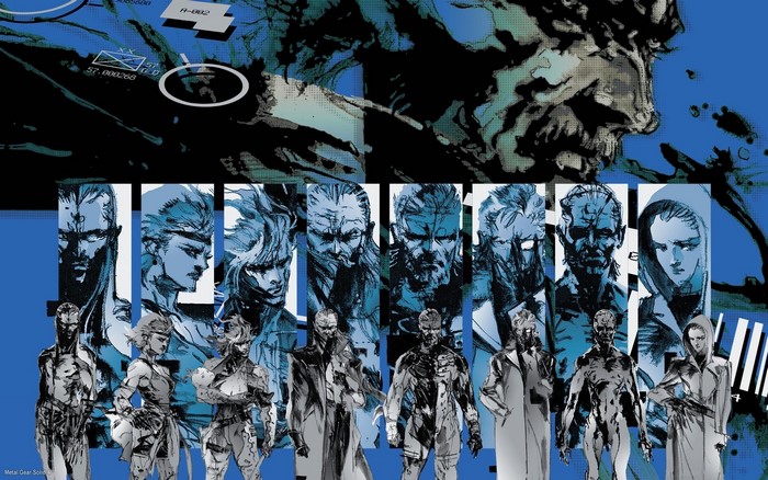 Metal Gear characters on blue background with map elements