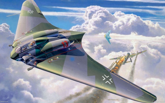 Painting of German Horten Ho 229 and Allied bombers