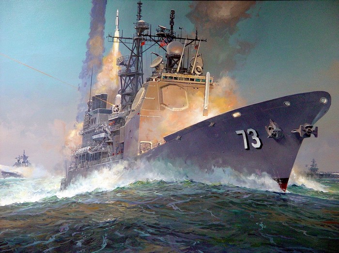 USS Shiloh CG-73 launching a missile in rough seas