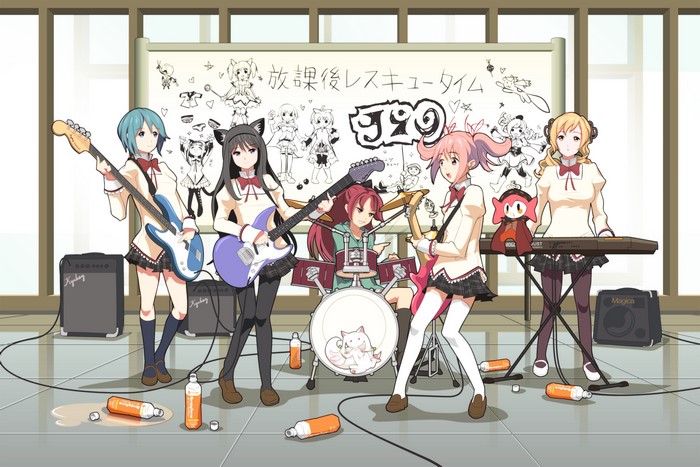 Mahou Shoujo Madoka Magica characters playing music