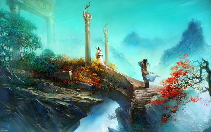 Two figures on a bridge in a misty landscape