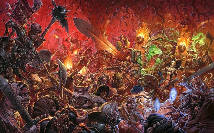 A chaotic battle between monsters and warriors in a hellish landscape