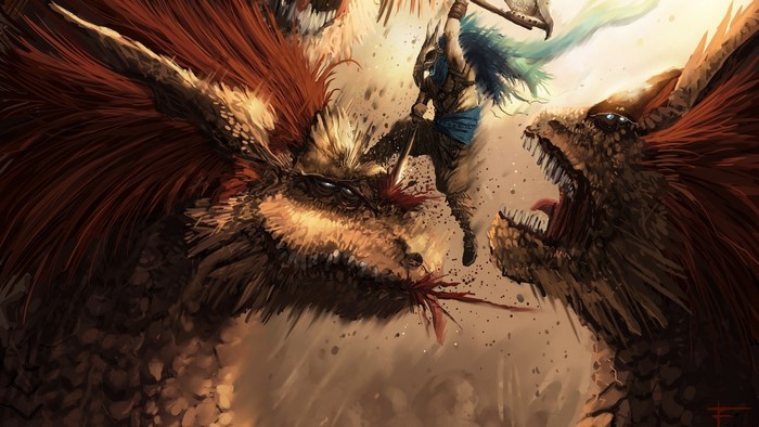 Warrior fighting two dragons