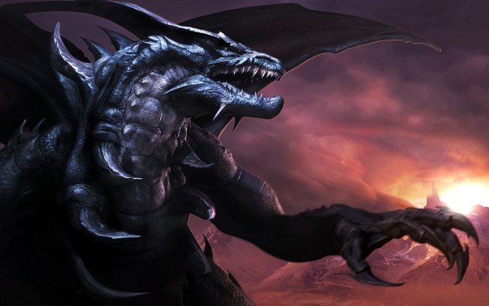 A dark dragon with sharp claws and wings