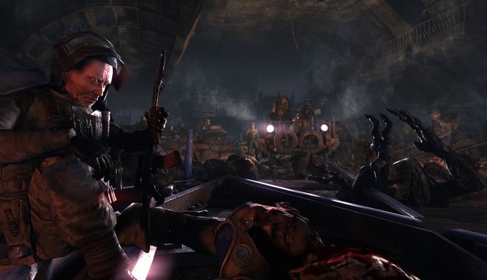 Soldiers in Metro 2033 with dead bodies