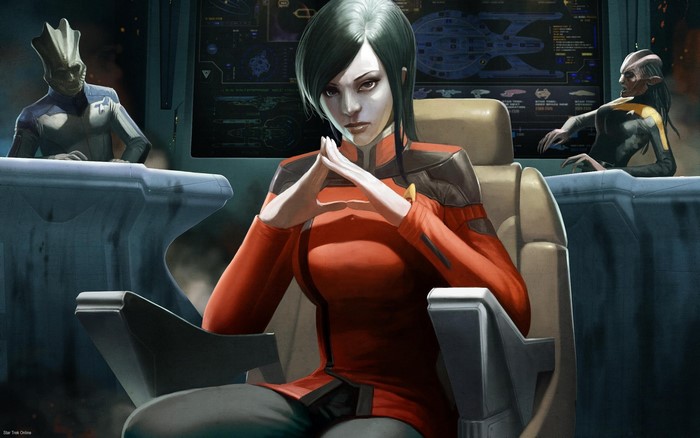 Characters from Star Trek Online on a bridge