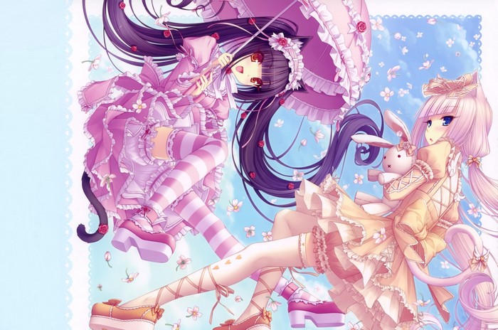 Two Neko Girls with Umbrellas and a Bunny