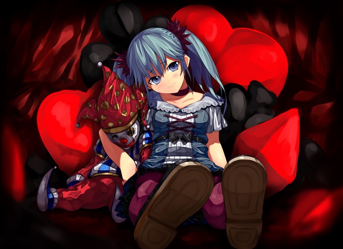 Girl with Clown Doll and Red Hearts