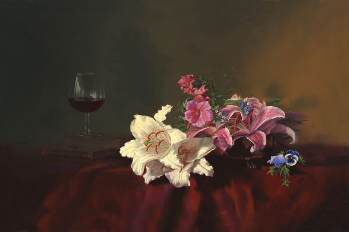 Still life with lilies, wine, and books by Alexei Antonov